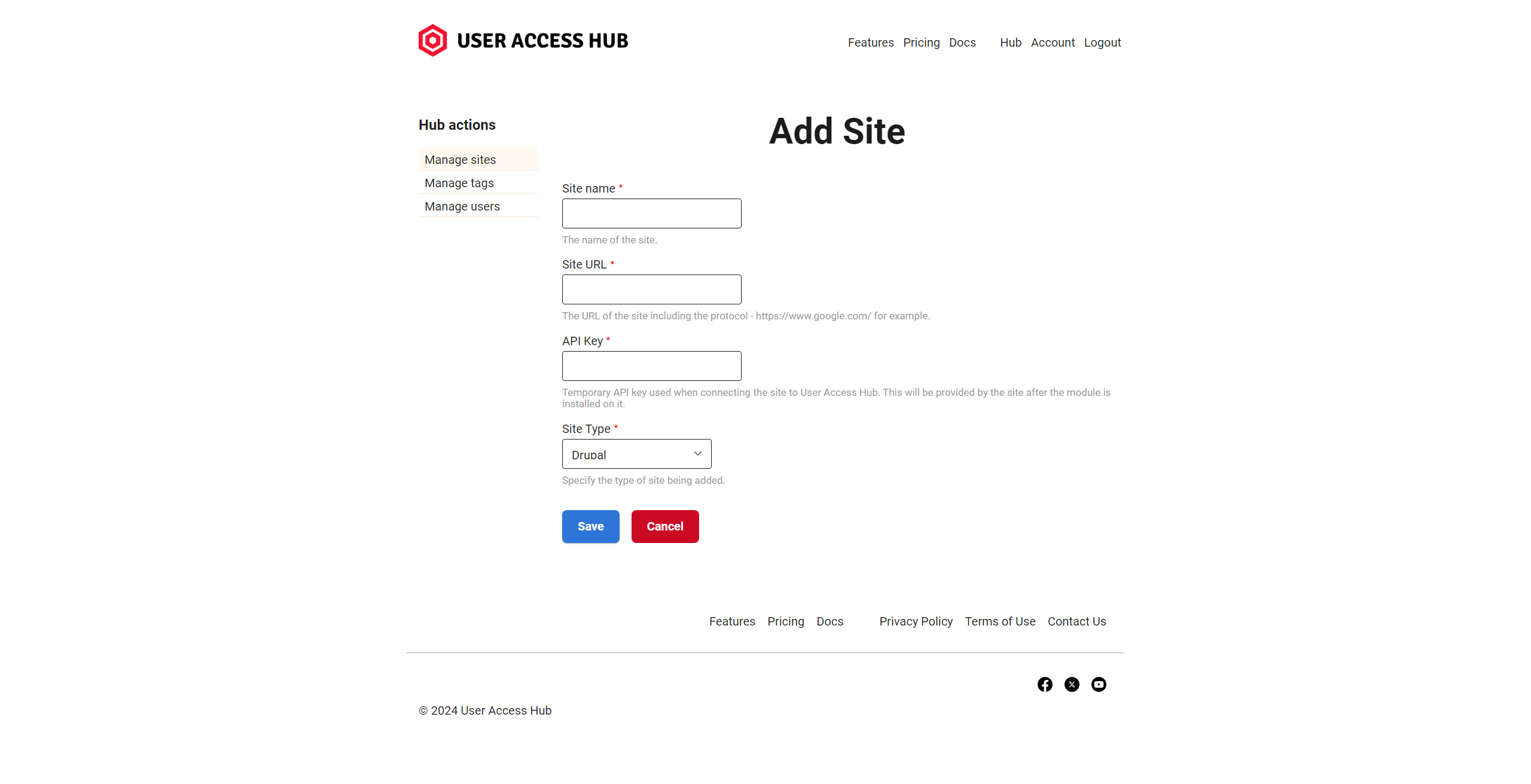 Add site form of the User Access Hub.